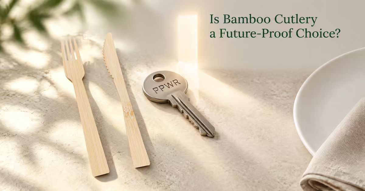 Bamboo fork and knife beside a key labelled PPWR, asking whether bamboo cutlery is a future-proof choice