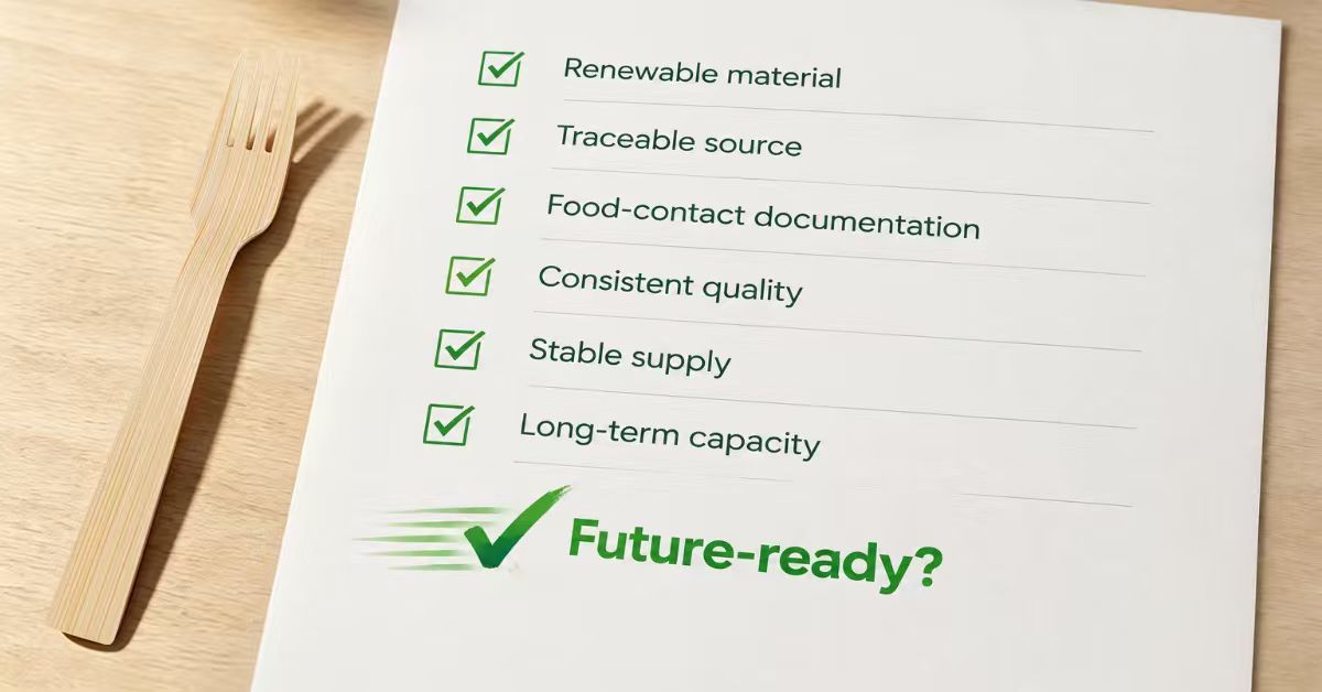 Checklist rating bamboo cutlery on renewable material, traceable source, food-contact documentation, consistent quality and stable supply
