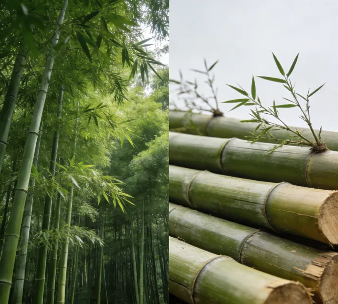 Harvested moso bamboo culms stacked in the QL raw material base