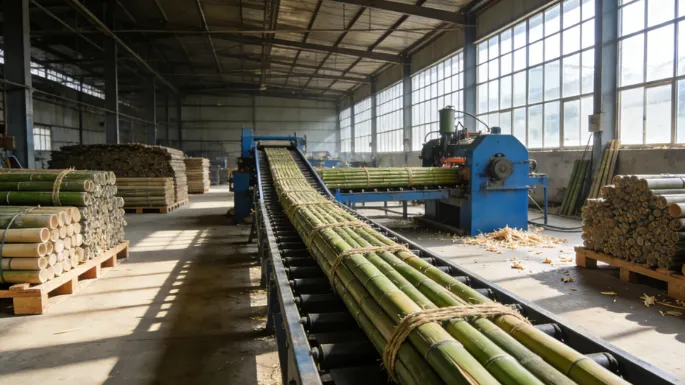 Bamboo strips moving along the QL production line
