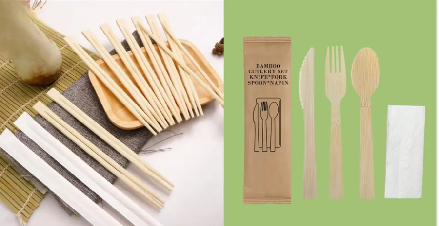 Bamboo cutlery set with kraft packaging