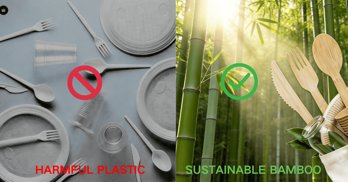 EU SUP compliant biodegradable bamboo cutlery versus harmful plastic utensils
