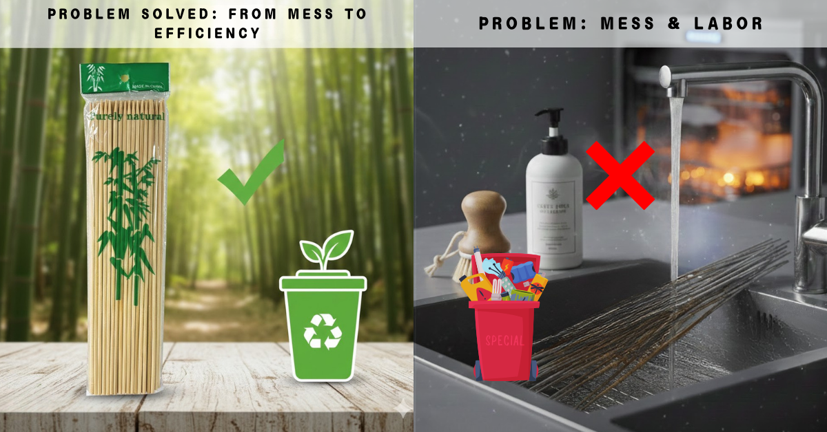 Metal skewers mess vs clean bamboo solution