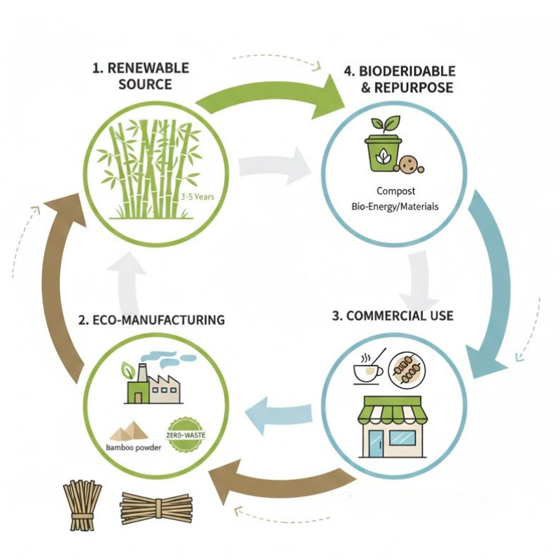 4-step sustainable lifecycle of eco-friendly bamboo skewers
