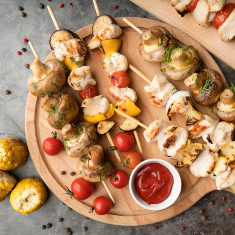 Food on round bamboo skewers