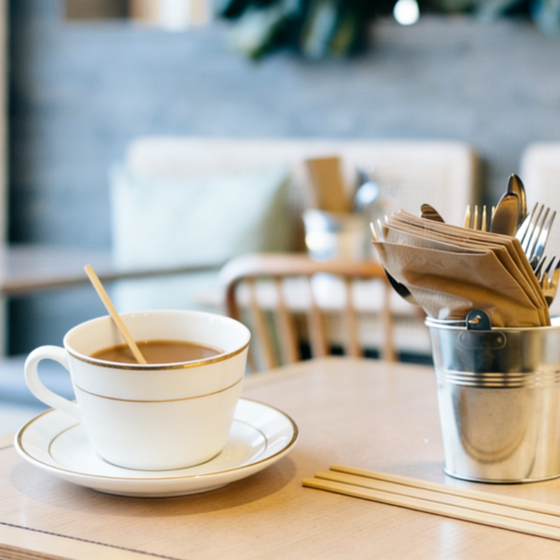Bamboo coffee stirrers on a table in a cafe setting