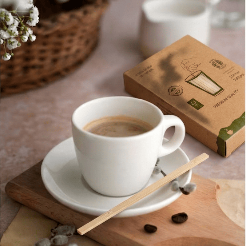 Bulk bamboo coffee stirrers in customized retail packaging