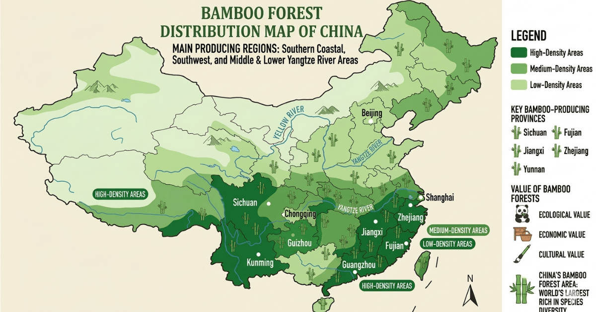 Distribution map of bamboo forests and producing regions in China
