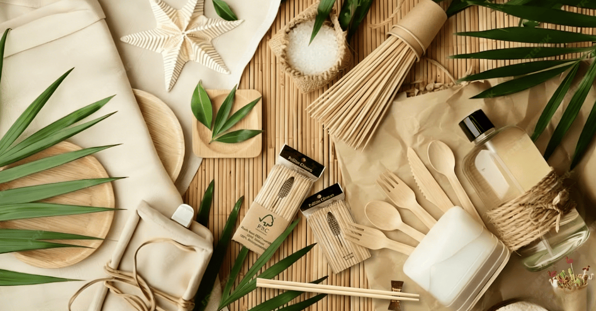 A collection of eco-friendly bamboo catering supplies