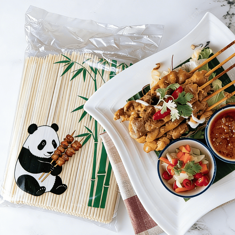 Retail-ready bamboo skewers in panda-branded packaging