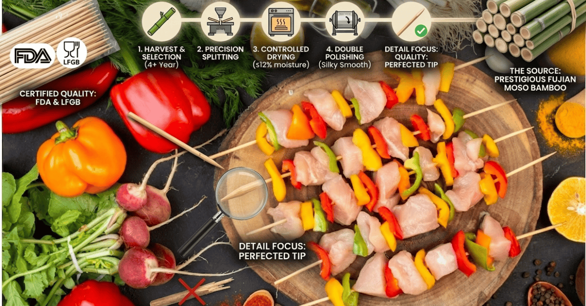 Visual guide linking Moso bamboo origin to the finished bbq skewer.