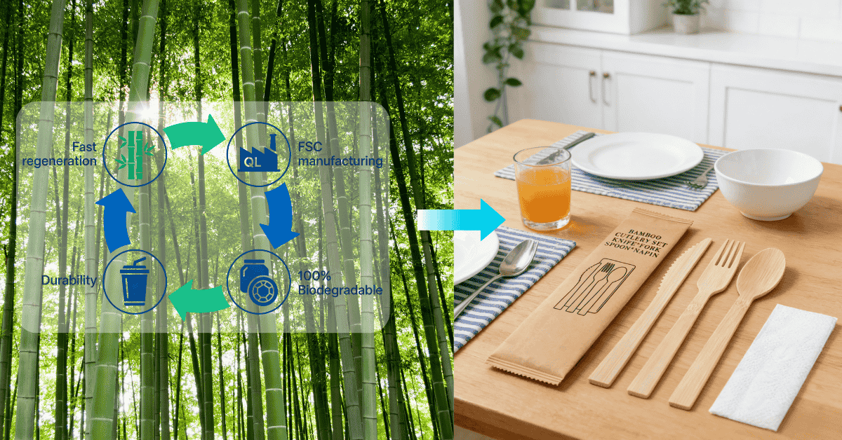 A visual guide to QL's certified bamboo cutlery life cycle, from forest to table.
