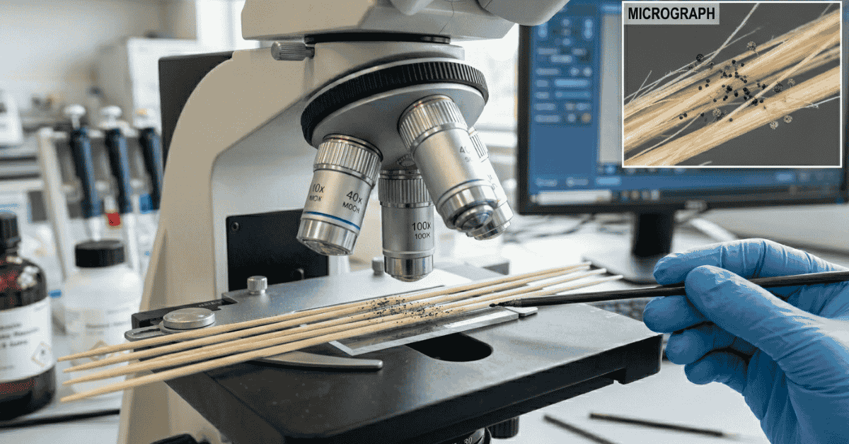 Micrograph of mold spores on bamboo fiber