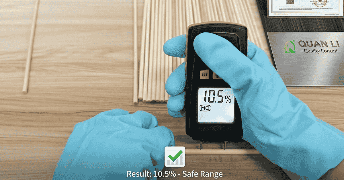 Bamboo skewer moisture test showing safe 10.5% result