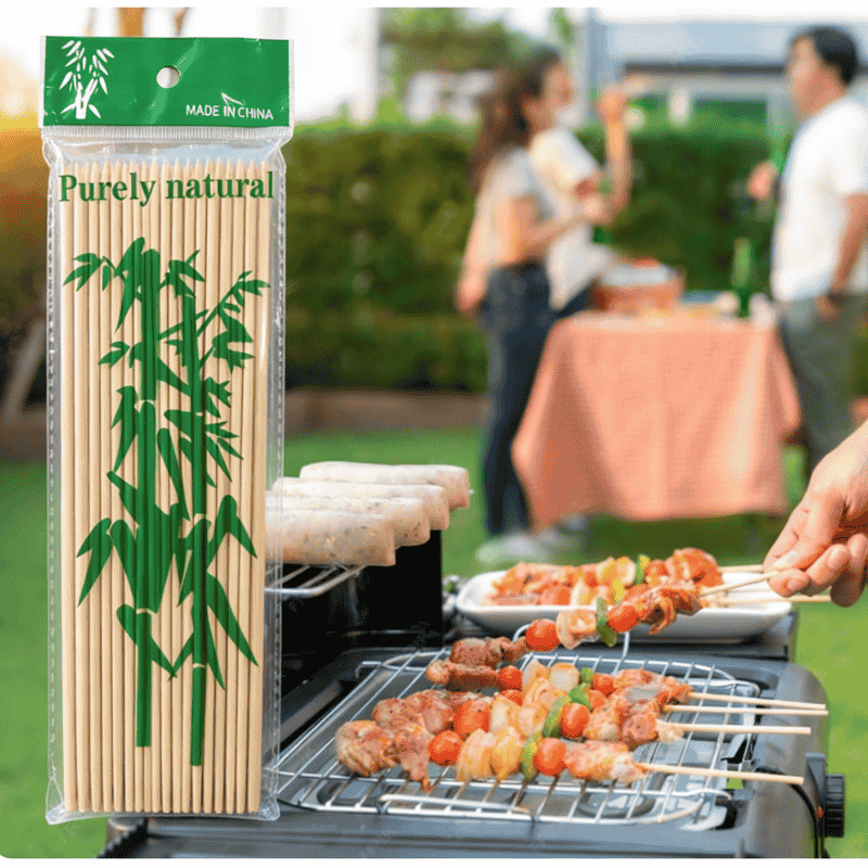 Food-safe 200mm bamboo skewers in retail packaging