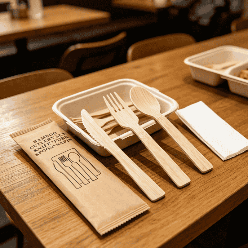 Individually wrapped 17cm bamboo cutlery kit on restaurant table