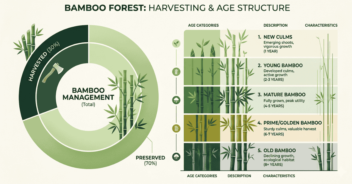 Infographic of bamboo age categories and 30% sustainable harvest rule
