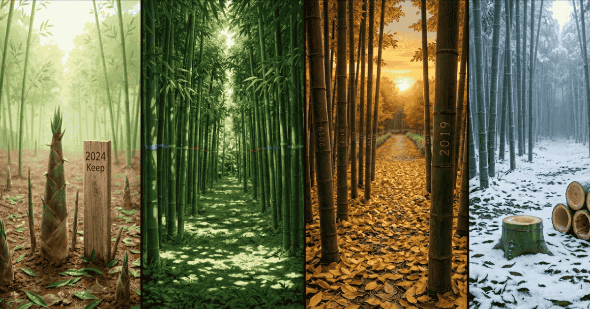 Four-season cycle of bamboo forest care, from spring shoots to winter harvest