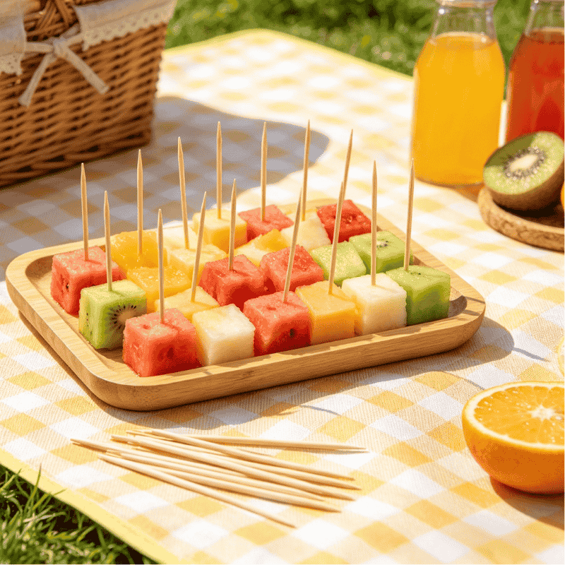 Bamboo appetizer picks for catering fruit service