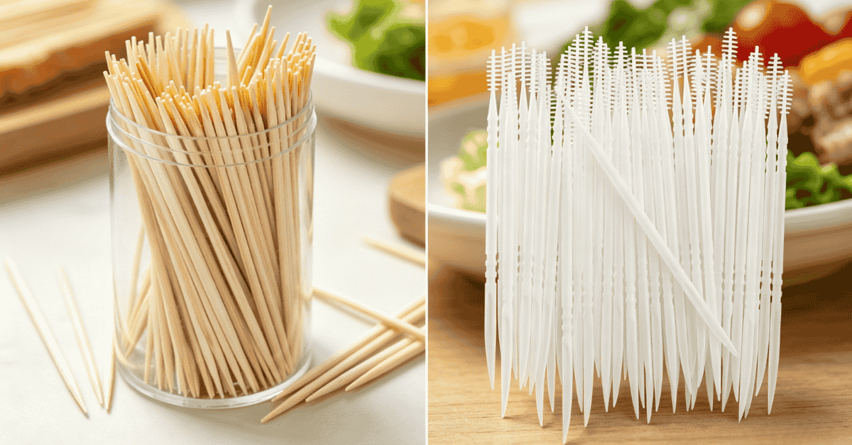 Side-by-side comparison of natural bamboo toothpicks and white plastic toothpicks