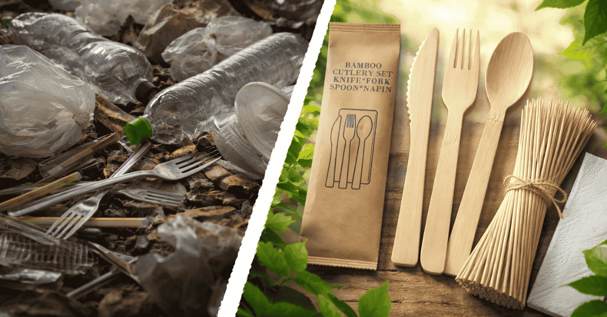 Comparison between waste plastic and eco-friendly bamboo cutlery sets