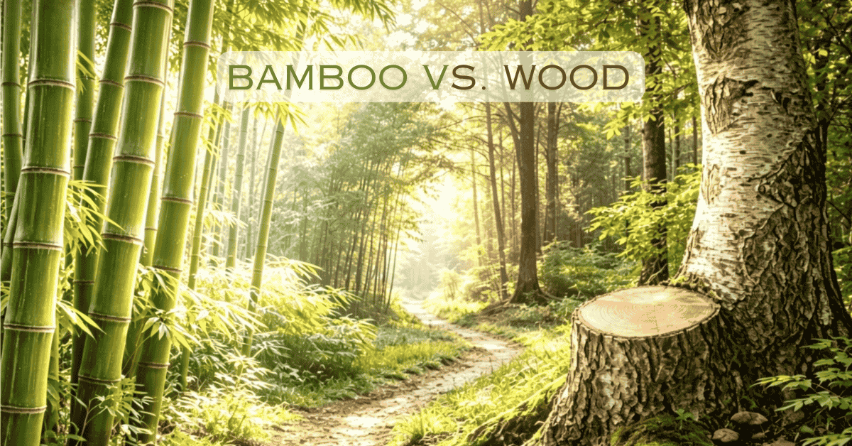 Cinematic split view of a lush bamboo grove and a mature timber forest