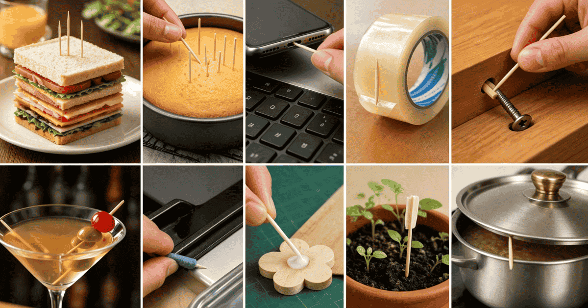A collage showing 10 creative household hacks using bamboo toothpicks