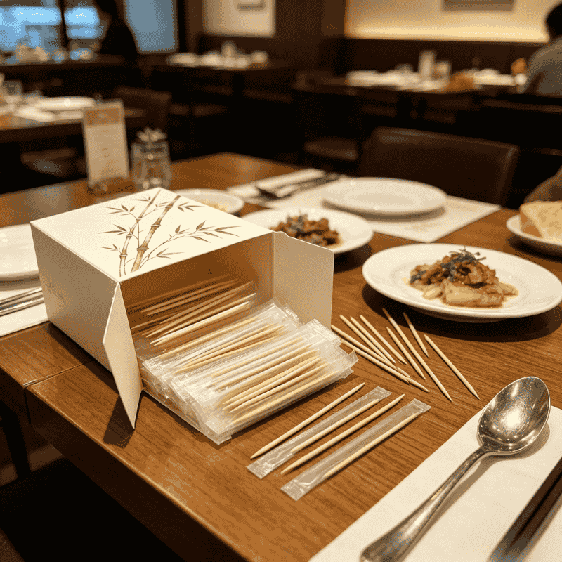 Premium individually wrapped bamboo toothpicks in a branded dispenser box.