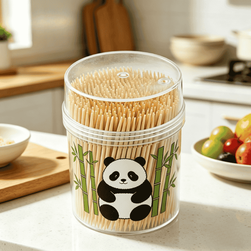 Eco-friendly bamboo toothpicks in a cute panda-designed retail canister
