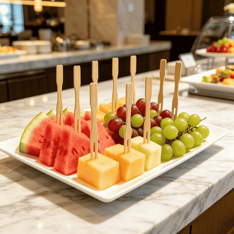 Mini bamboo fruit forks for buffet service