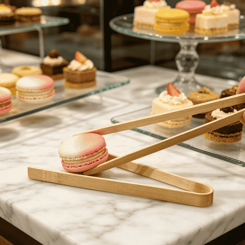 Disposable mini bamboo tongs picking up a macaron
