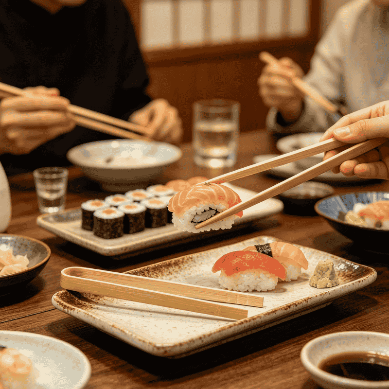 Eco-friendly bamboo tongs serving fresh sushi