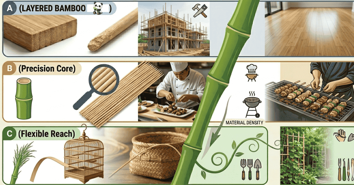 Comparison of bamboo grades: Bottom (construction), Middle Cut (BBQ skewers), and Top (weaving).