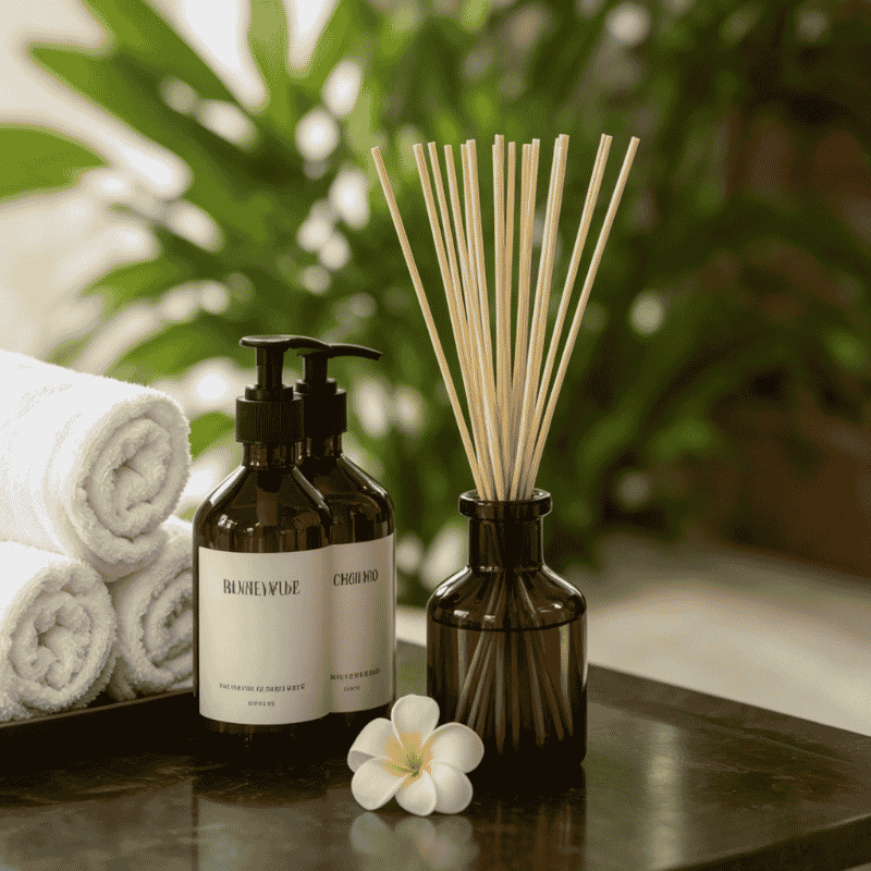 Natural bamboo incense sticks in a diffuser bottle for spa