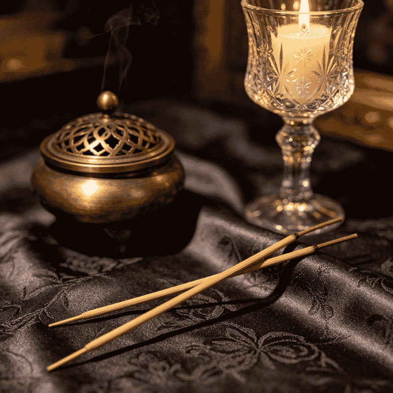 Finished incense sticks with bamboo cores next to a classic burner
