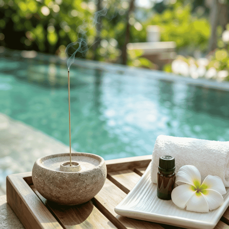 Burning incense stick by a pool