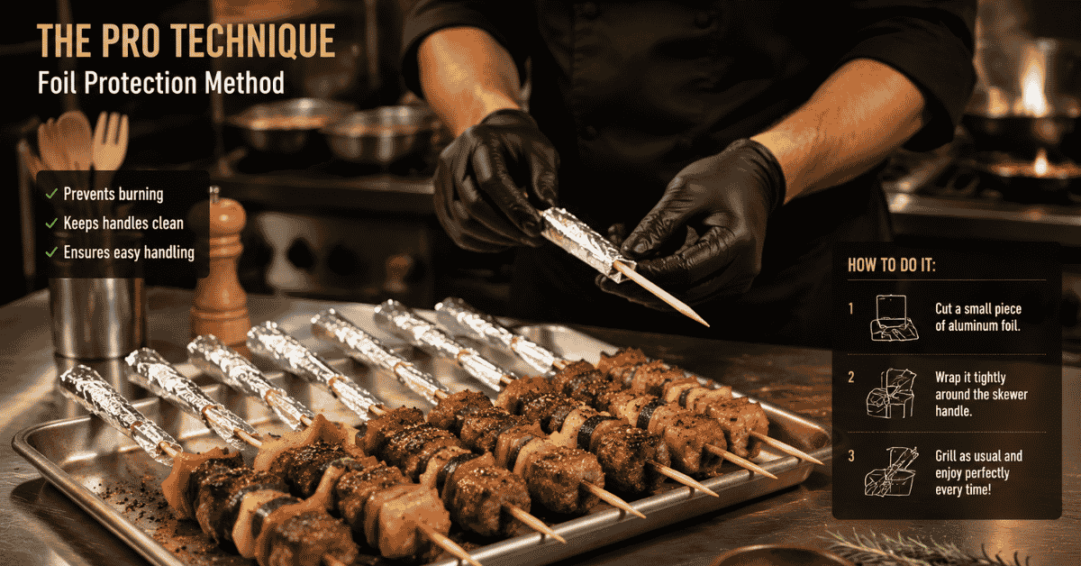 Foil protection for food-grade bamboo skewers