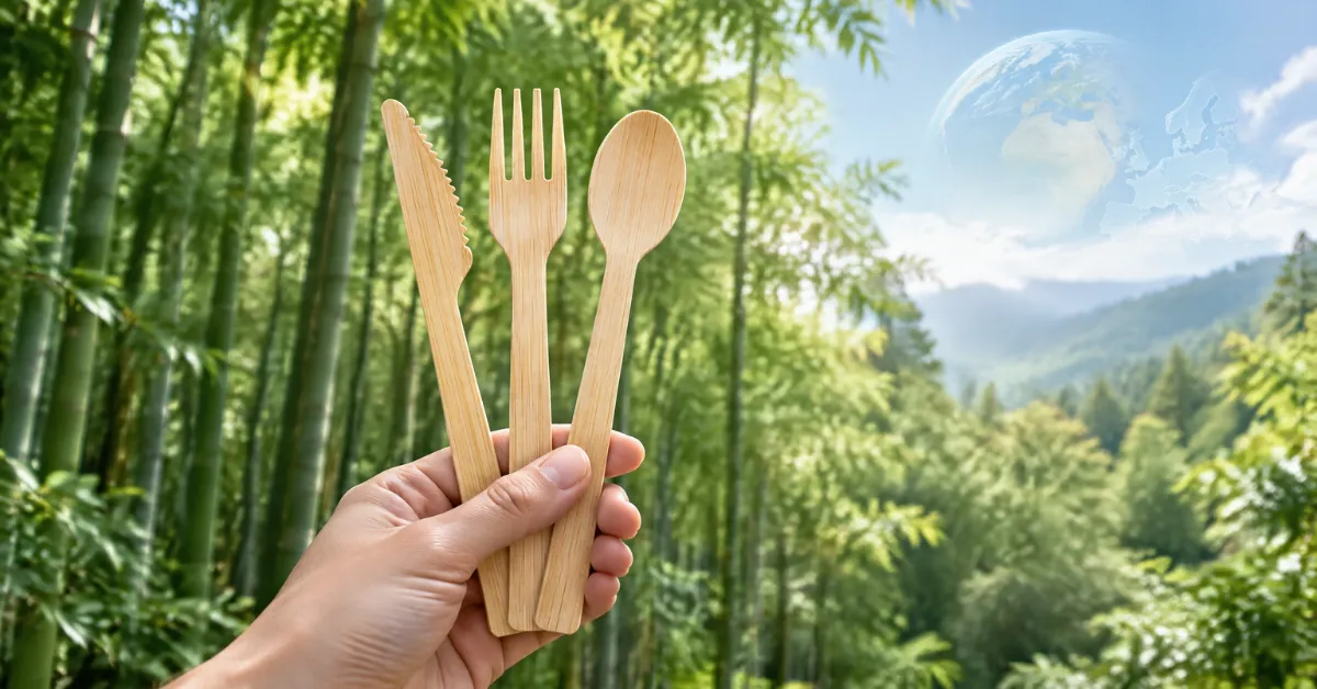 Bamboo knife, fork and spoon held in hand against a bamboo forest