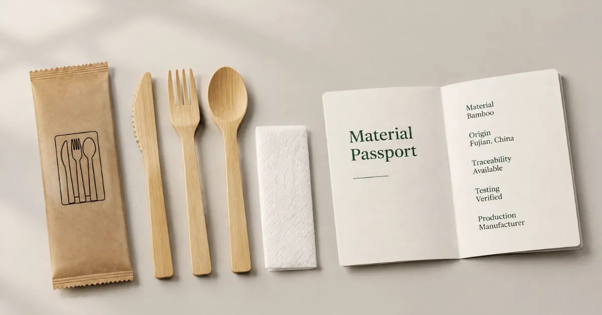 Bamboo cutlery pack shown with a material passport listing origin in Fujian, China, traceability available, testing verified and manufacturer production