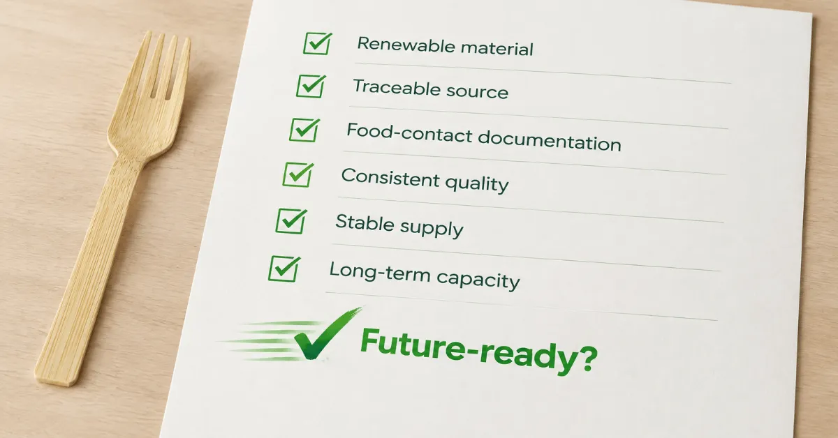 Checklist rating bamboo cutlery on renewable material, traceable source, food-contact documentation, consistent quality and stable supply