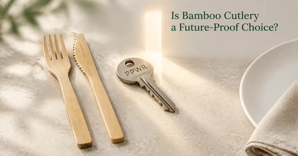 Bamboo fork and knife beside a key labelled PPWR, asking whether bamboo cutlery is a future-proof choice