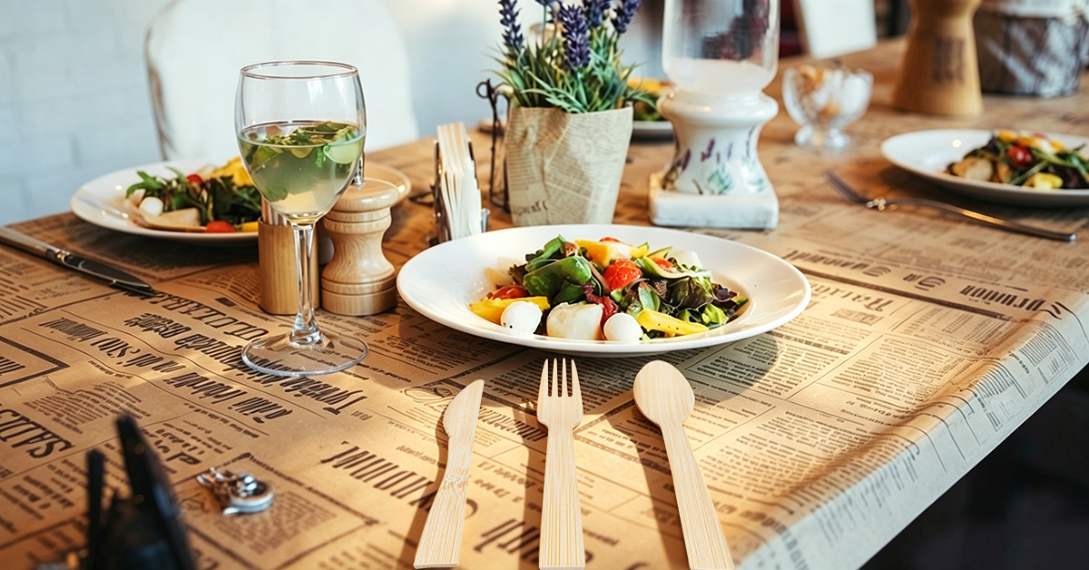 Bamboo cutlery set placed on a restaurant table ready for food service