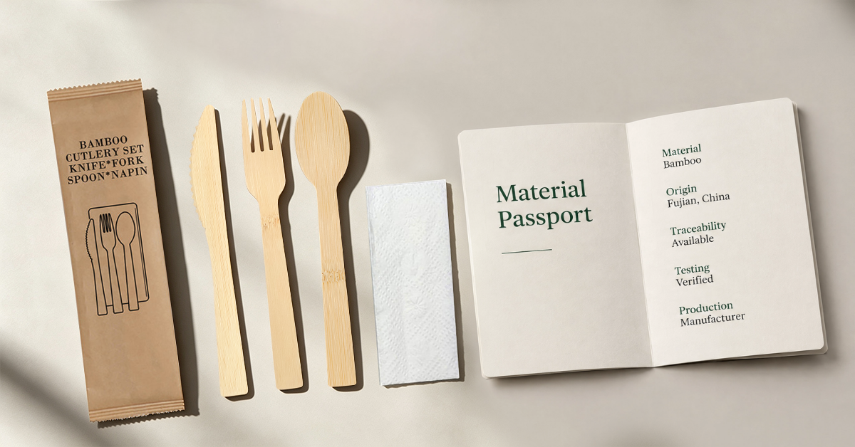 Bamboo cutlery pack shown with a material passport listing origin in Fujian, China, traceability available, testing verified and manufacturer production