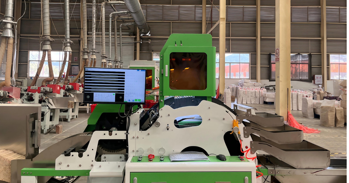 Automated bamboo skewer production line with control station and dust extraction inside a Fujian factory