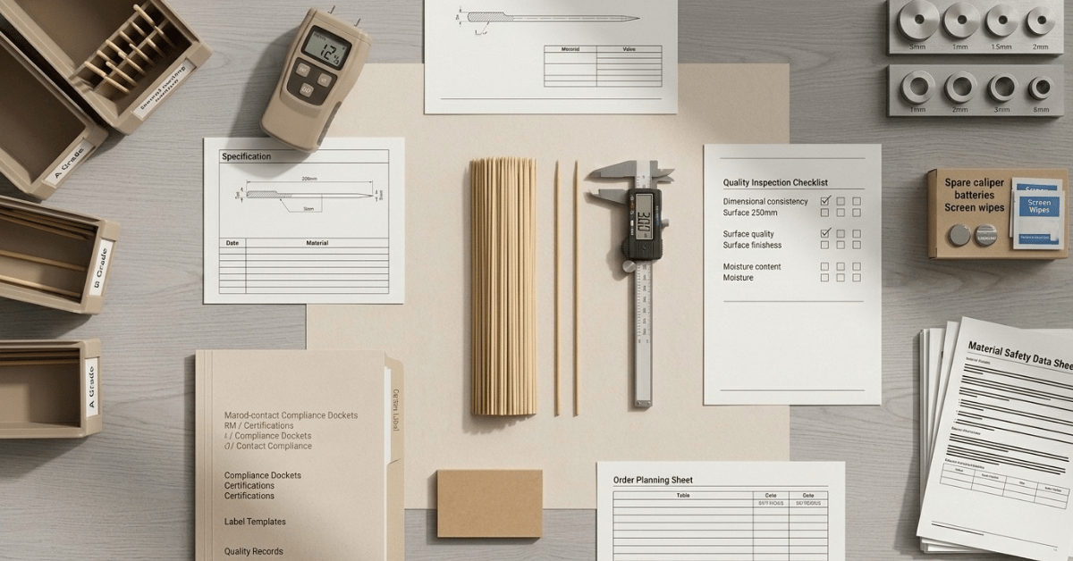 Flat lay of bamboo skewer quality inspection tools including digital caliper, moisture meter, specification sheet and inspection checklist