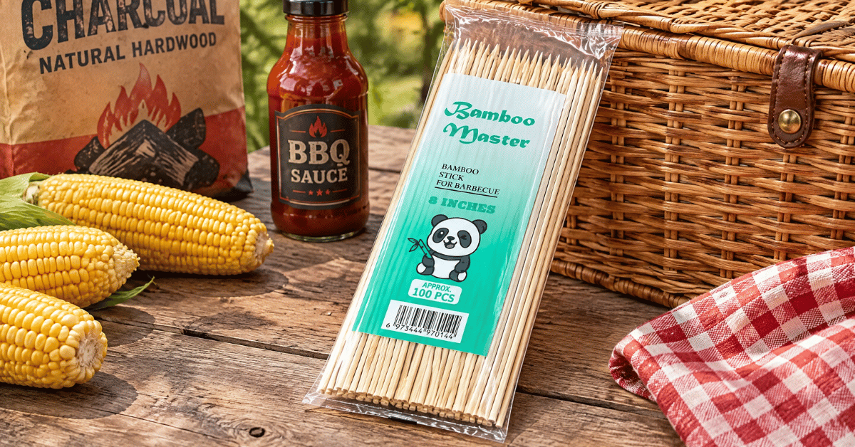 Retail-ready eight inch bamboo skewers packed in printed clear bags of 100 pieces on a wooden picnic table