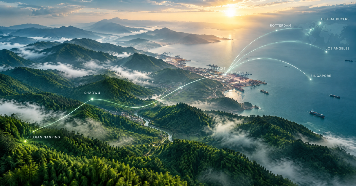 Bamboo supply chain map from Fujian Nanping and Shaowu plantations to ports serving Rotterdam, Los Angeles and Singapore