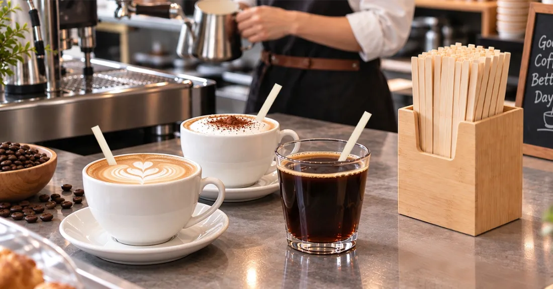 Bamboo coffee stirrer size range from 90mm to 190mm for espresso cups, standard coffee cups, takeaway drinks, and vending machines