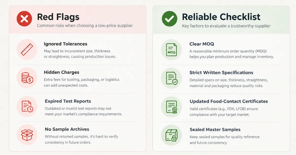 Side-by-side comparison of red flags and a reliable supplier checklist for bamboo coffee stirrers