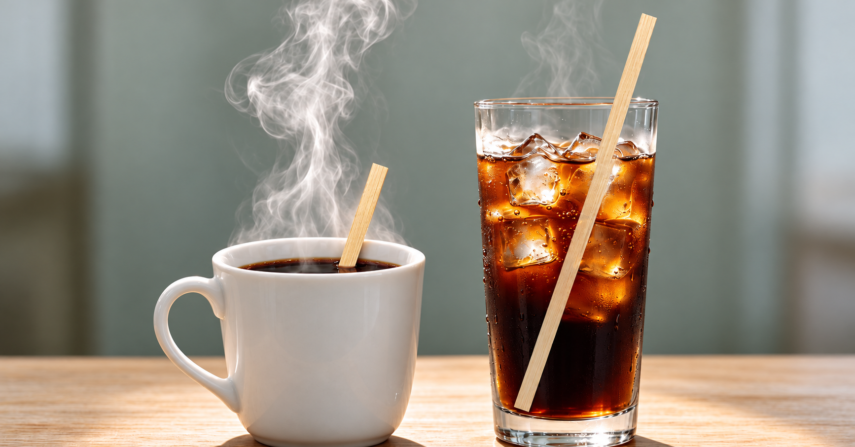 A bamboo coffee stirrer in a cup of hot coffee beside a glass of iced tea